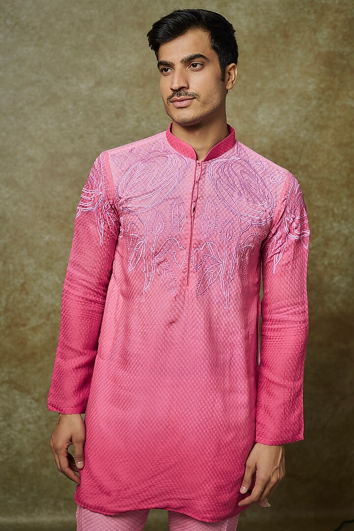 Pink Ombre Cotton Floral Embroidered Kurta Set by Pasqo Label at Pernia's Pop Up Shop