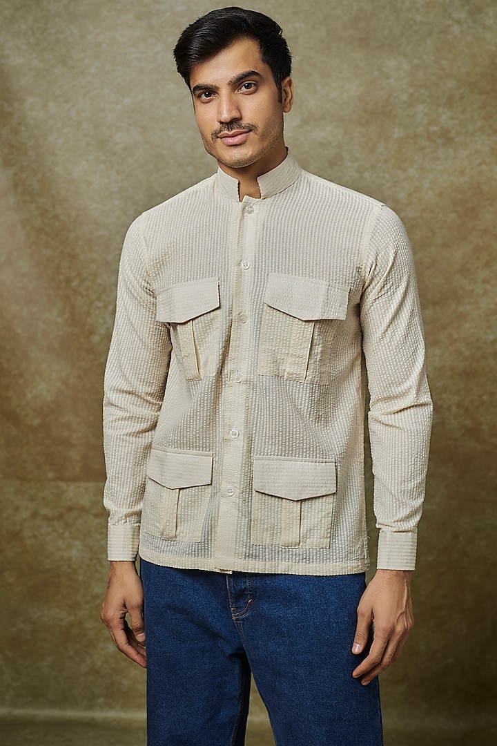 Beige Cotton Seersucker Shirt by Pasqo Label