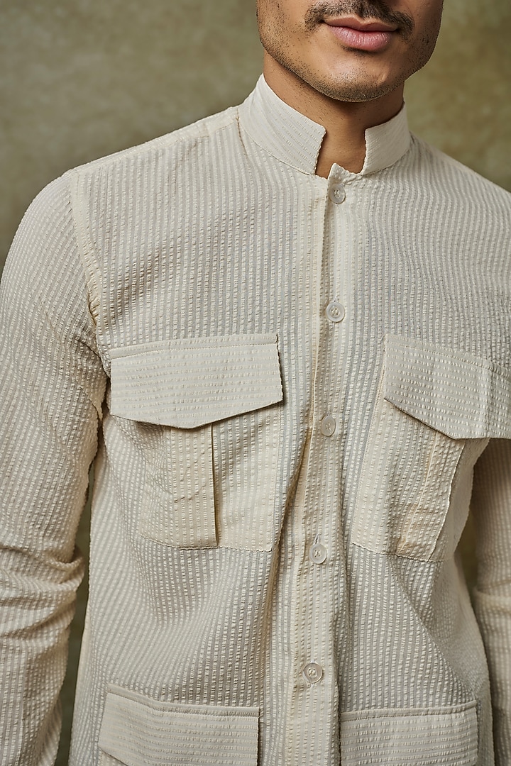 Beige Cotton Seersucker Party Wear Shirt by Pasqo Label at Pernia's Pop Up Shop