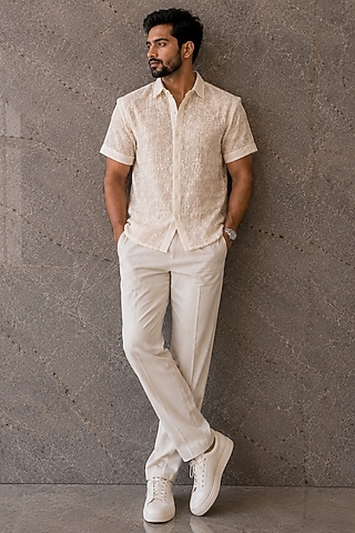 Beige Cotton Embroidered Shirt by Pasqo Label