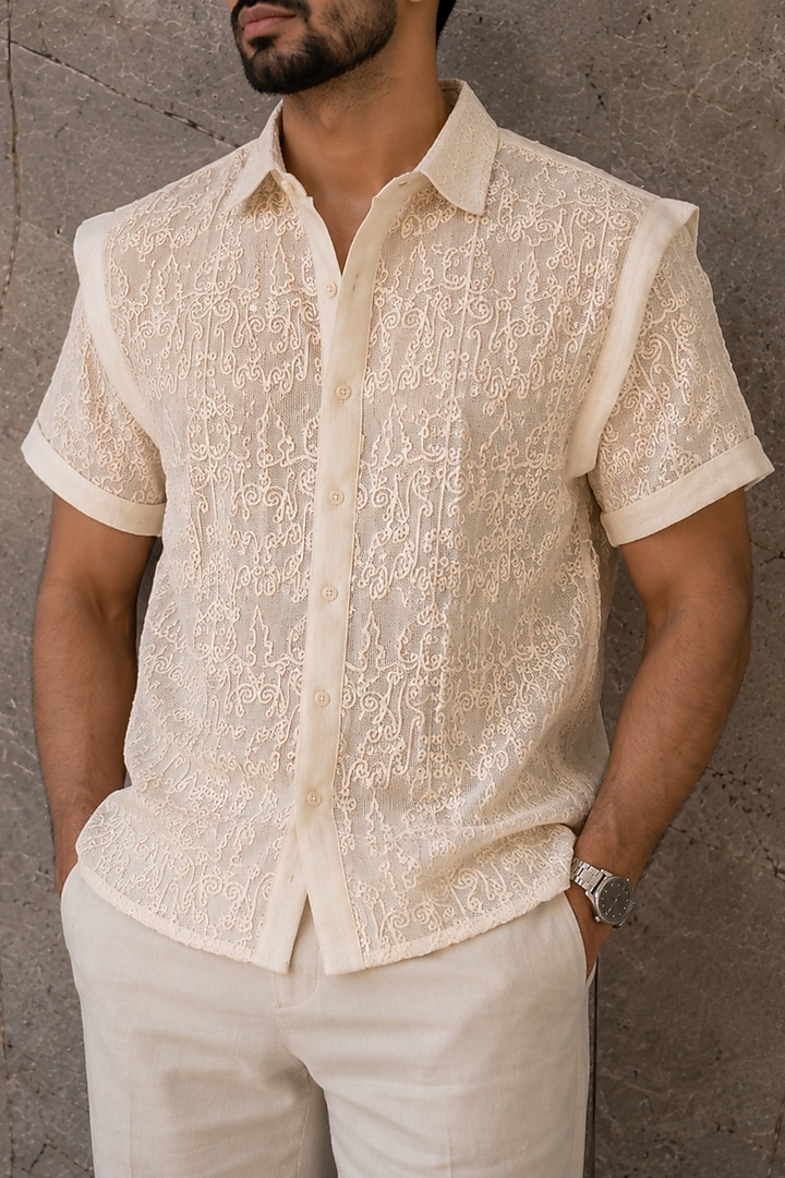 Beige Cotton Embroidered Party Wear Shirt by Pasqo Label at Pernia's Pop Up Shop