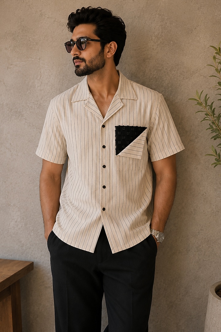 Beige Cotton & Denim Textured Party Wear Shirt by Pasqo Label at Pernia's Pop Up Shop