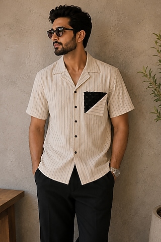Beige Cotton & Denim Textured Shirt by Pasqo Label