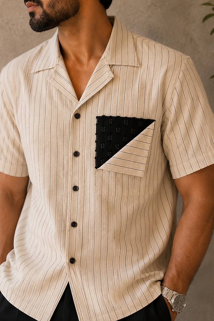 Beige Cotton & Denim Textured Party Wear Shirt by Pasqo Label at Pernia's Pop Up Shop