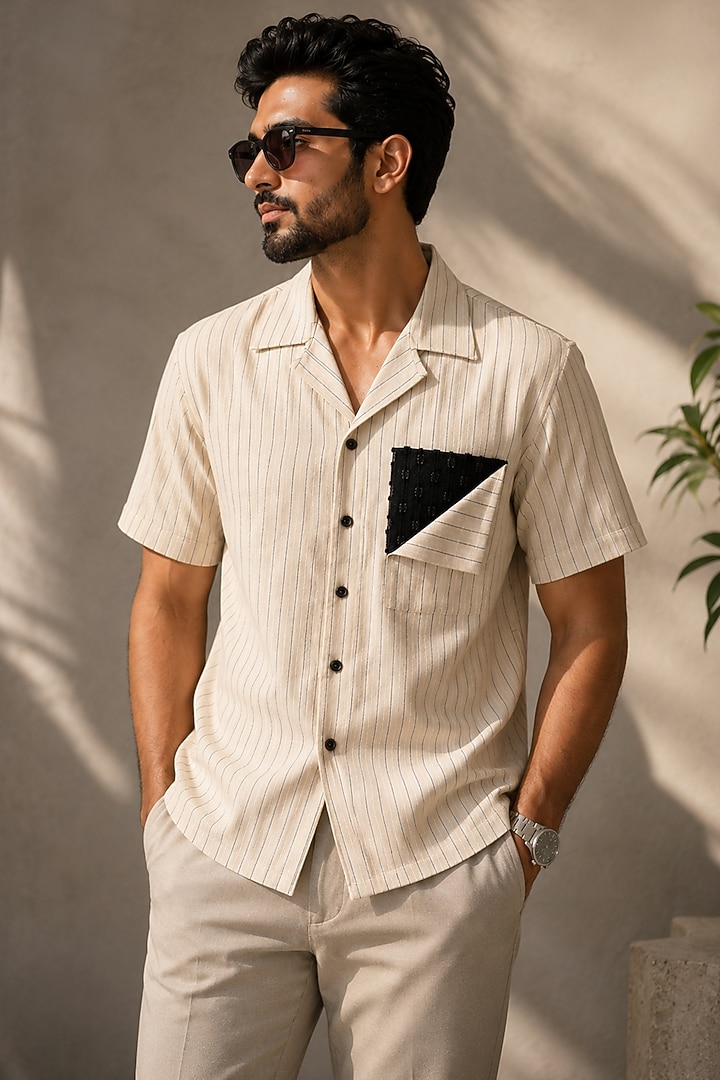 Beige Cotton & Denim Textured Party Wear Shirt by Pasqo Label at Pernia's Pop Up Shop