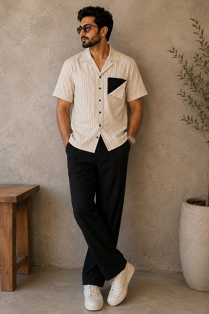 Beige Cotton & Denim Textured Party Wear Shirt by Pasqo Label at Pernia's Pop Up Shop