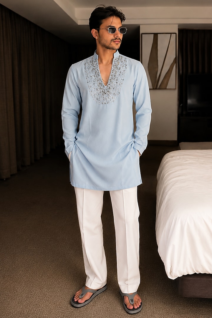 Aqua Crepe Hand Embroidered Kurta Set by Pasqo Label at Pernia's Pop Up Shop