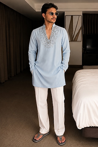 Aqua Crepe Hand Embroidered Kurta Set by Pasqo Label