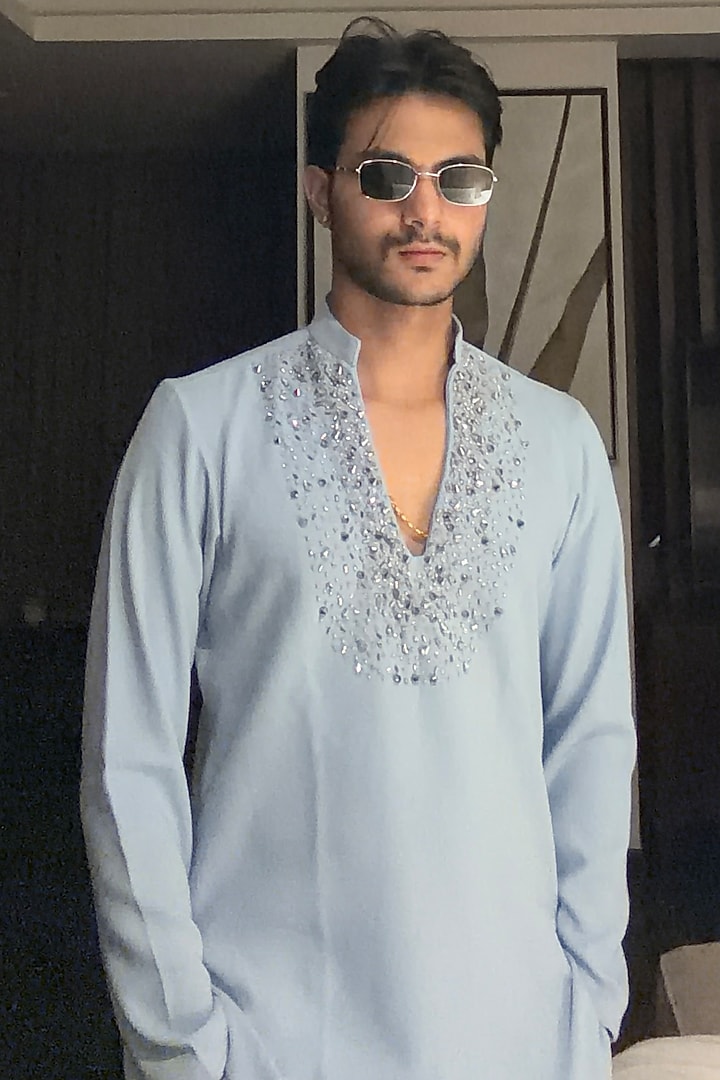 Aqua Crepe Hand Embroidered Kurta Set by Pasqo Label at Pernia's Pop Up Shop