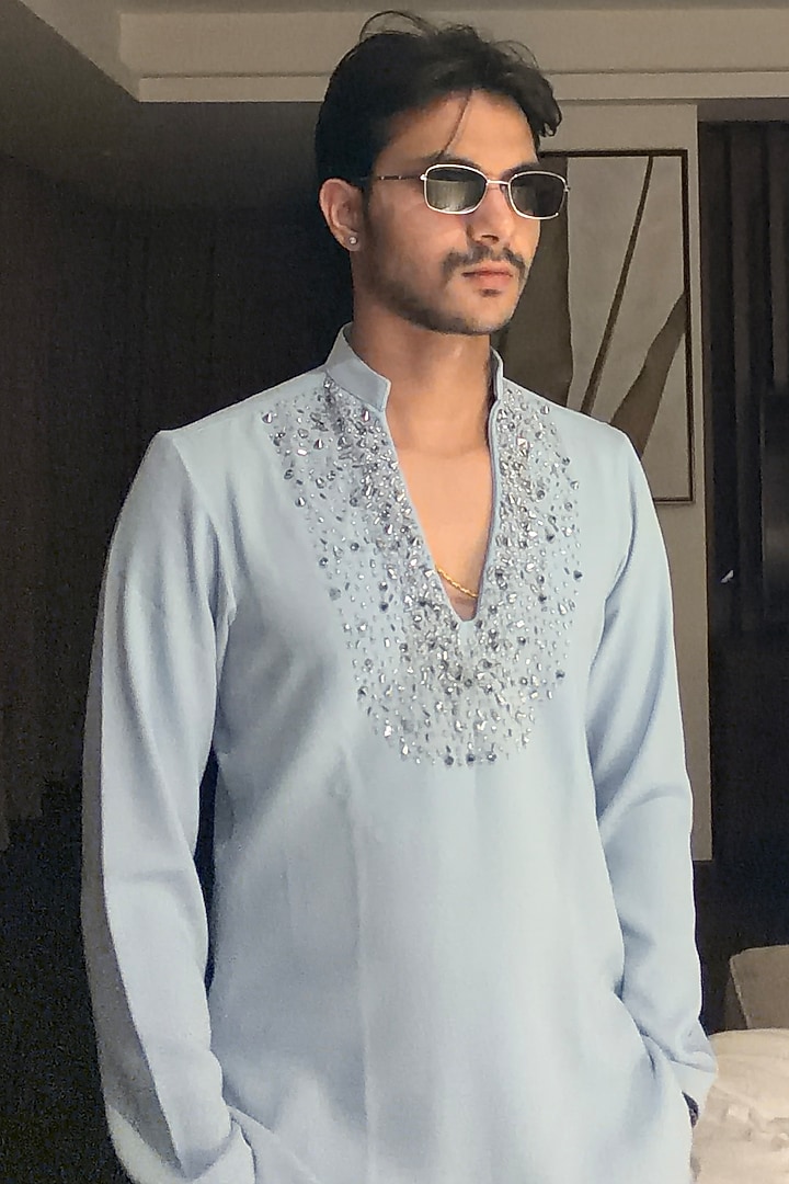 Aqua Crepe Hand Embroidered Kurta Set by Pasqo Label at Pernia's Pop Up Shop