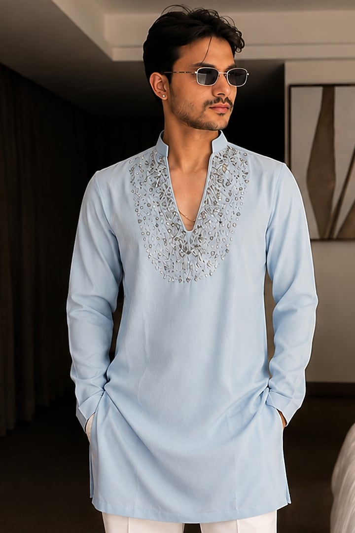 Aqua Crepe Hand Embroidered Kurta Set by Pasqo Label at Pernia's Pop Up Shop