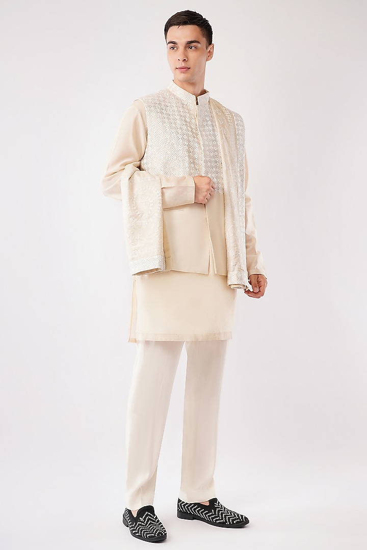 Ivory Silk Hand & Machine Embroidered Waistcoat Set by Pasqo Label