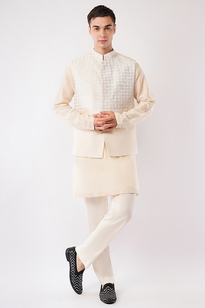 Ivory Silk Hand & Machine Embroidered Waistcoat Set by Pasqo Label at Pernia's Pop Up Shop