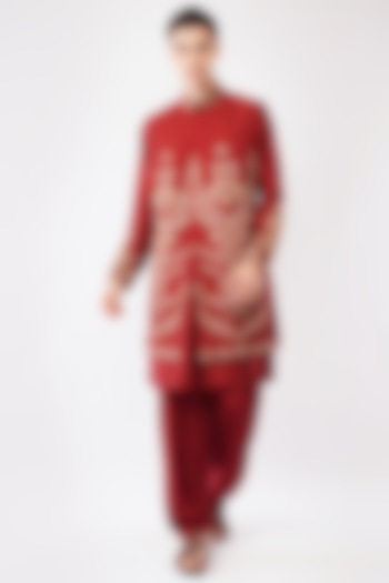 Maroon Silk Hand & Machine Embroidered Waistcoat Set by Pasqo Label