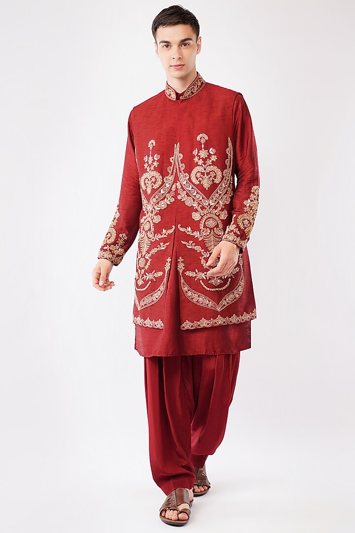 Maroon Silk Hand & Machine Embroidered Waistcoat Set by Pasqo Label