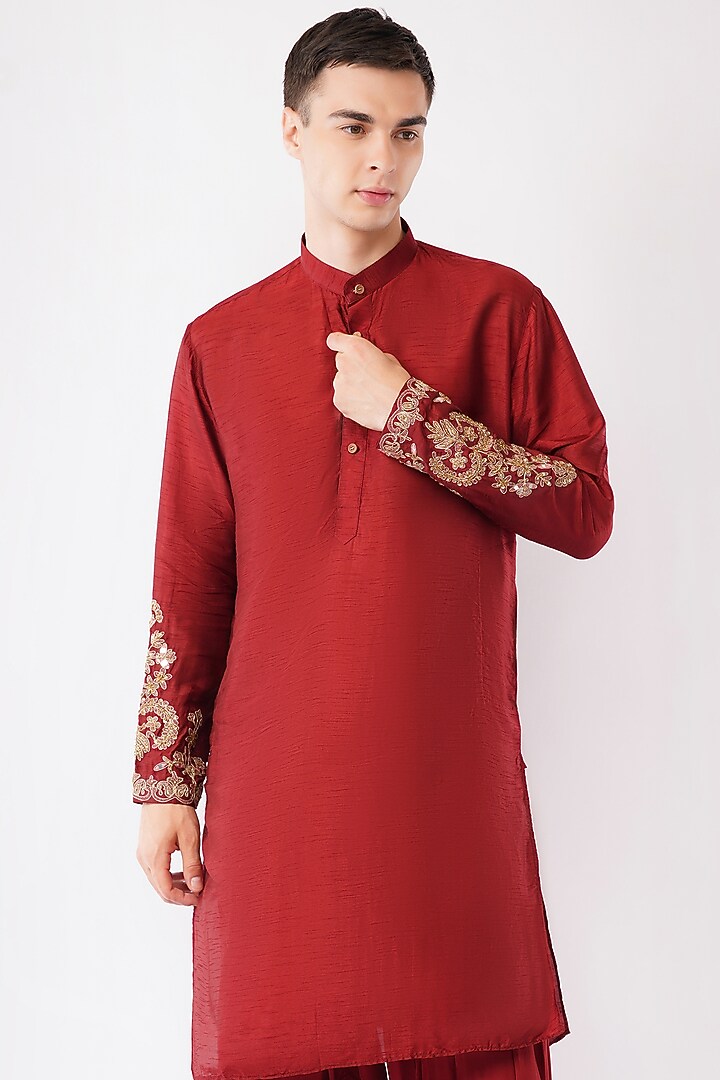 Maroon Silk Hand & Machine Embroidered Waistcoat Set by Pasqo Label at Pernia's Pop Up Shop