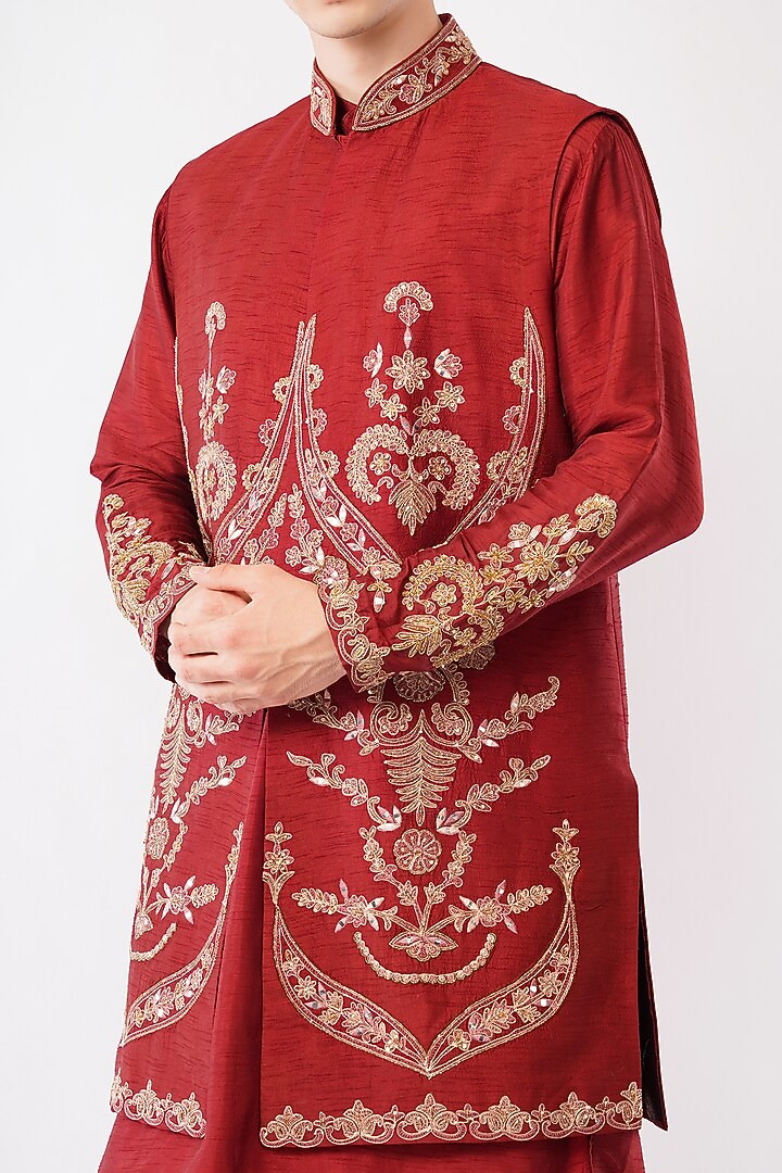 Maroon Silk Hand & Machine Embroidered Waistcoat Set by Pasqo Label at Pernia's Pop Up Shop