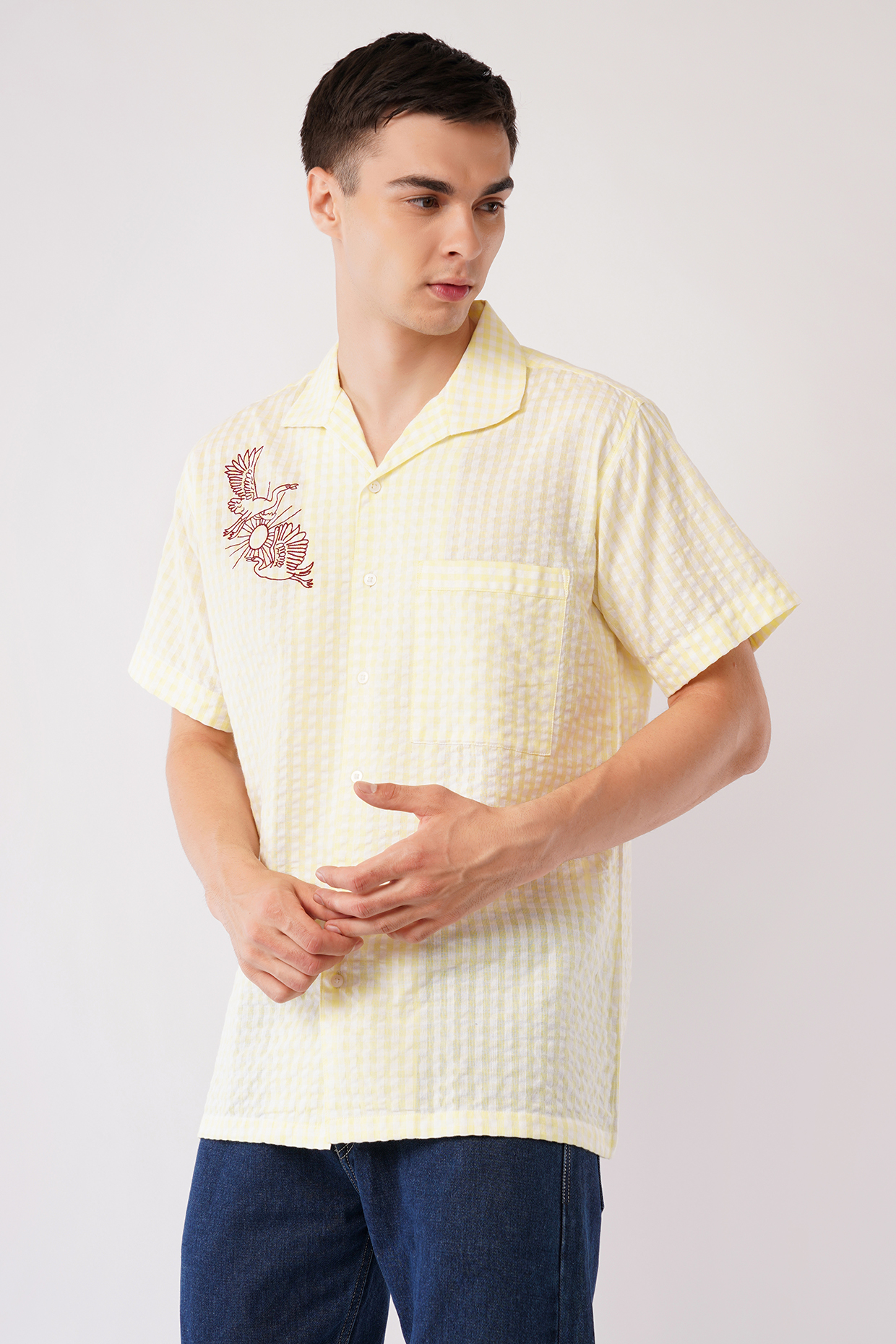 Yellow Cotton Machine Embroidered Shirt by Pasqo Label