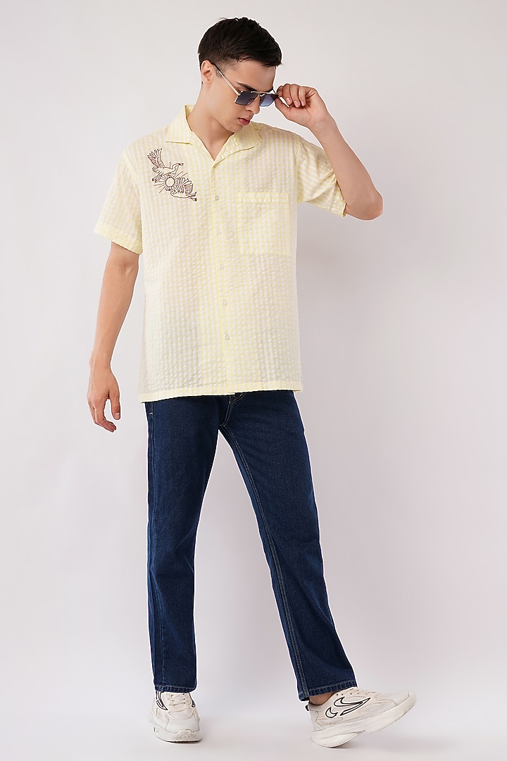 Yellow Cotton Machine Embroidered Party Wear Shirt by Pasqo Label at Pernia's Pop Up Shop
