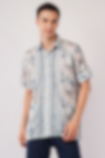 Blue Cotton Machine Embroidered & Digital Printed Shirt by Pasqo Label