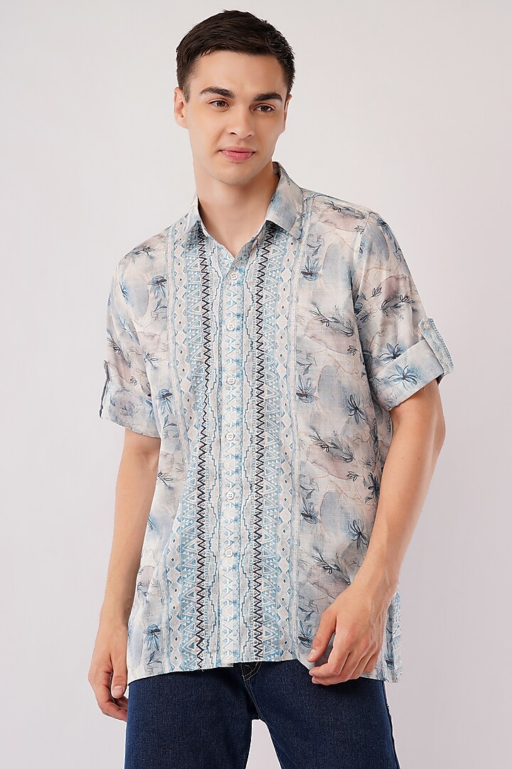 Blue Cotton Machine Embroidered & Digital Printed Shirt by Pasqo Label
