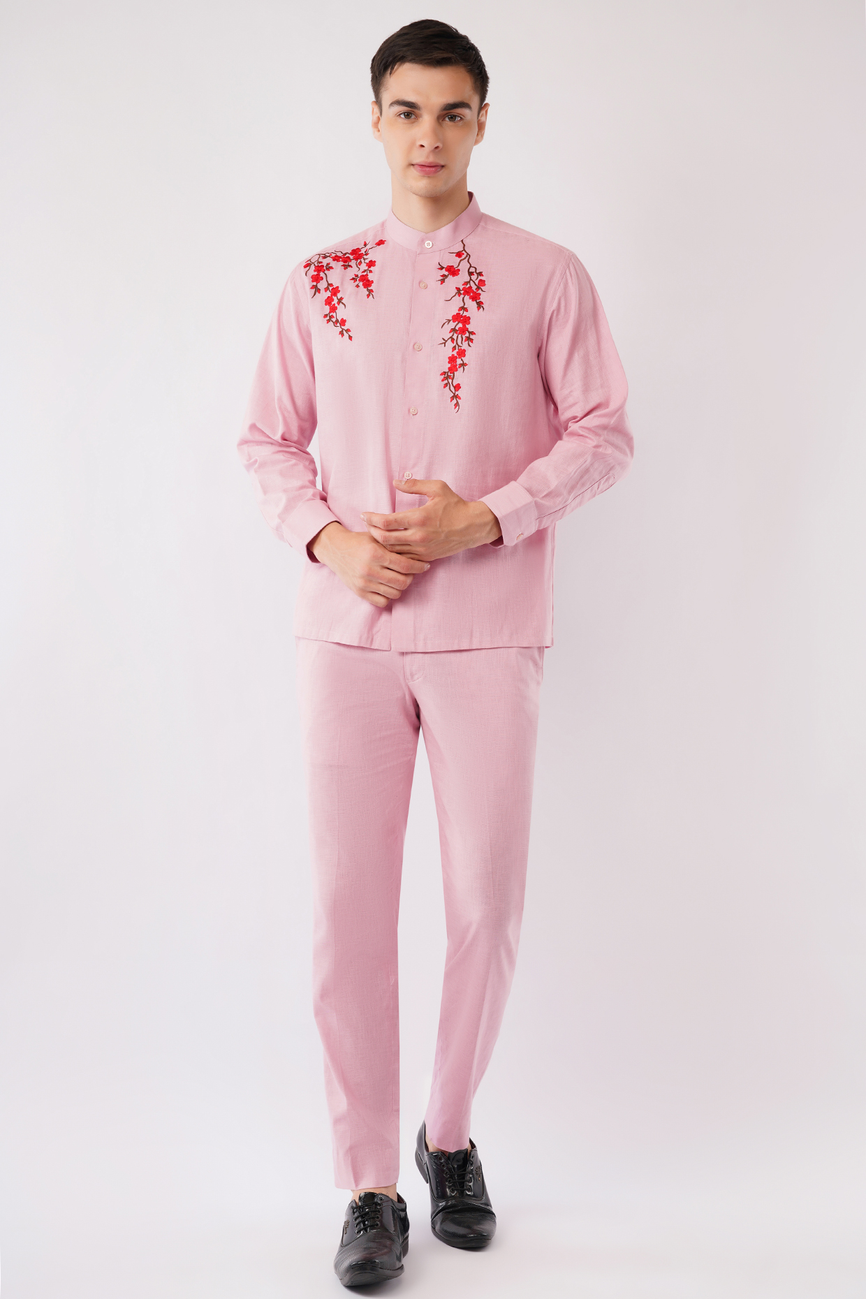 Pink Cotton Machine Embroidered Shirt by Pasqo Label