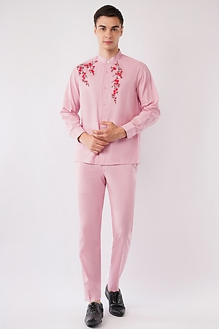 Pink Cotton Machine Embroidered Shirt by Pasqo Label