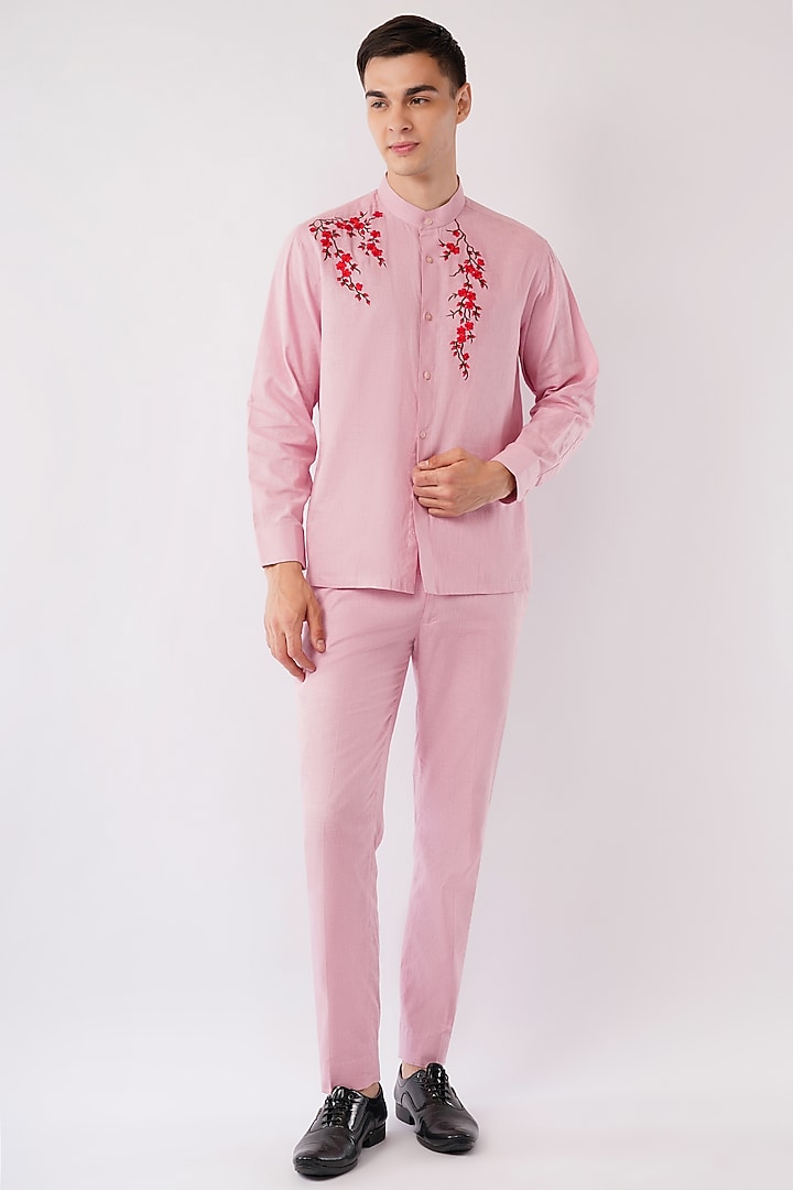 Pink Cotton Machine Embroidered Party Wear Shirt by Pasqo Label at Pernia's Pop Up Shop