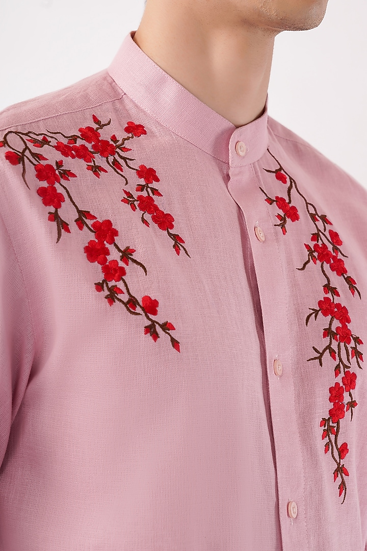 Pink Cotton Machine Embroidered Party Wear Shirt by Pasqo Label at Pernia's Pop Up Shop