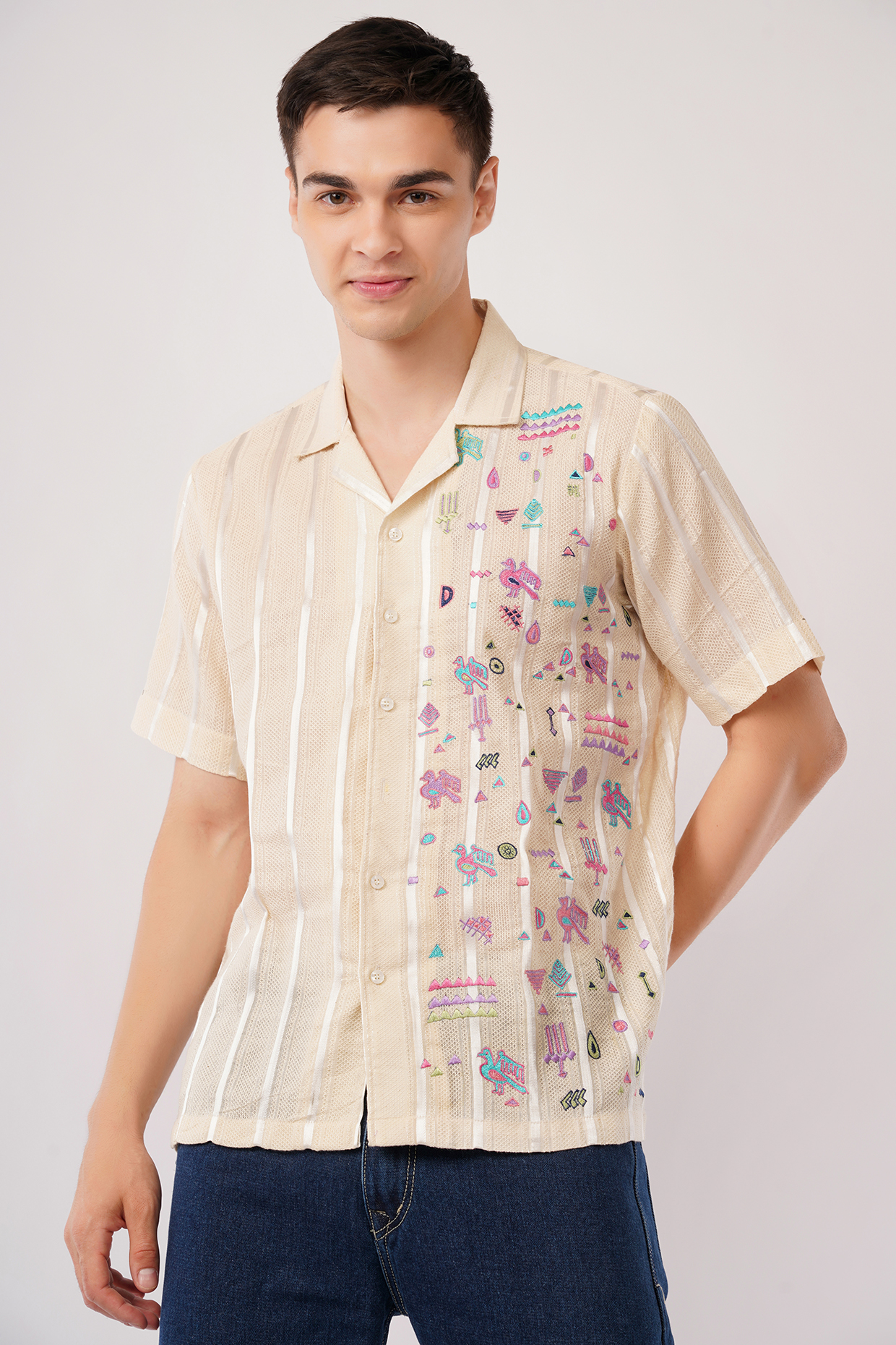 Beige Cotton Machine Embroidered Shirt by Pasqo Label