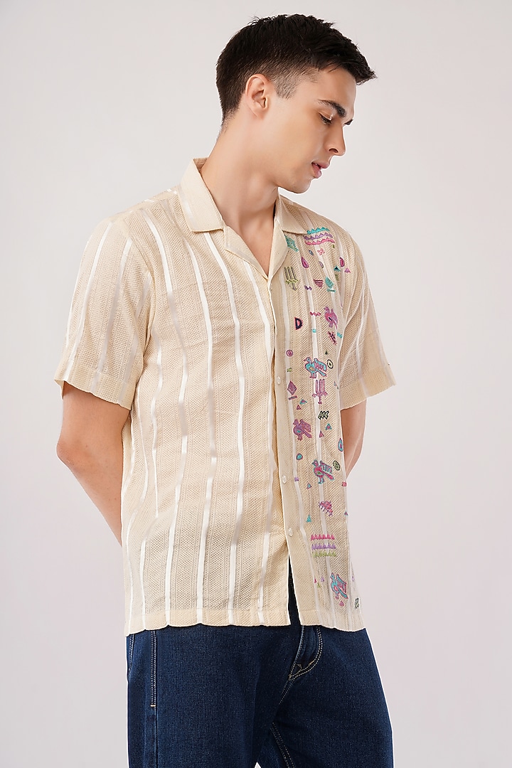 Beige Cotton Machine Embroidered Party Wear Shirt by Pasqo Label at Pernia's Pop Up Shop