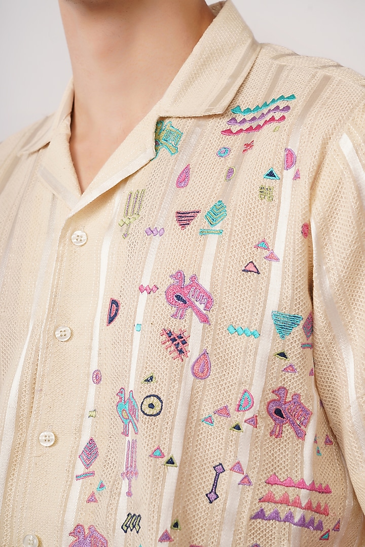 Beige Cotton Machine Embroidered Party Wear Shirt by Pasqo Label at Pernia's Pop Up Shop