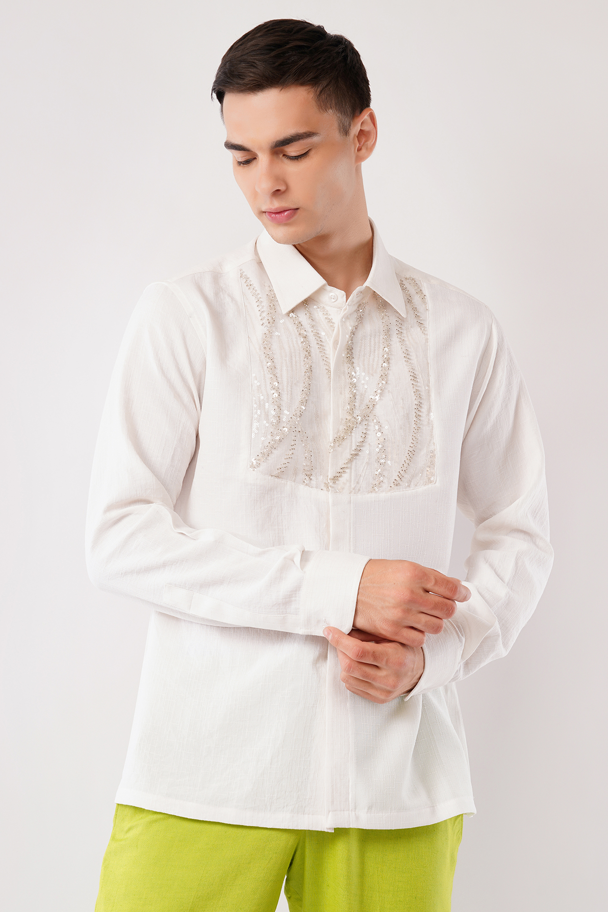 White Cotton Crepe Machine Embroidered Shirt by Pasqo Label