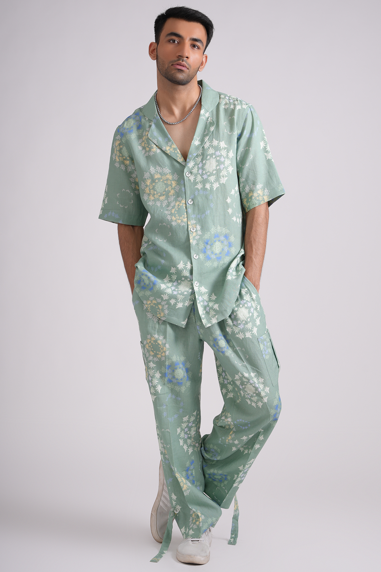 Green Linen Printed Shirt by Pasqo Label