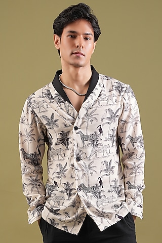 White & Black Linen Printed Shirt by Pasqo Label