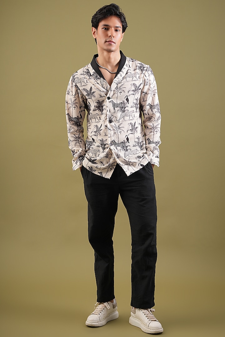 White & Black Linen Printed Party Wear Shirt by Pasqo Label at Pernia's Pop Up Shop