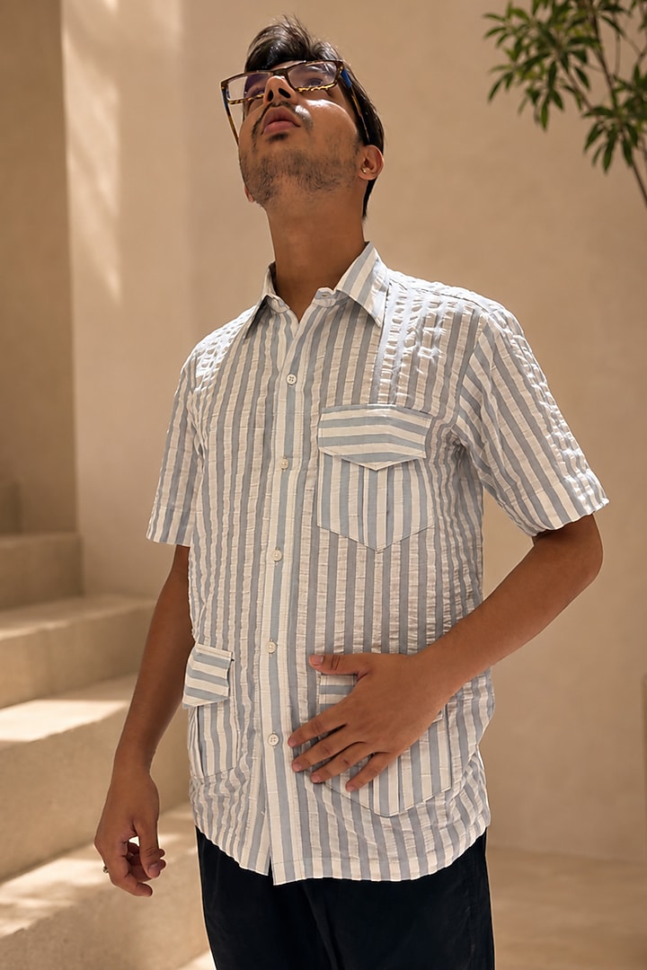 White & Blue Cotton Striped Party Wear Shirt by Pasqo Label at Pernia's Pop Up Shop