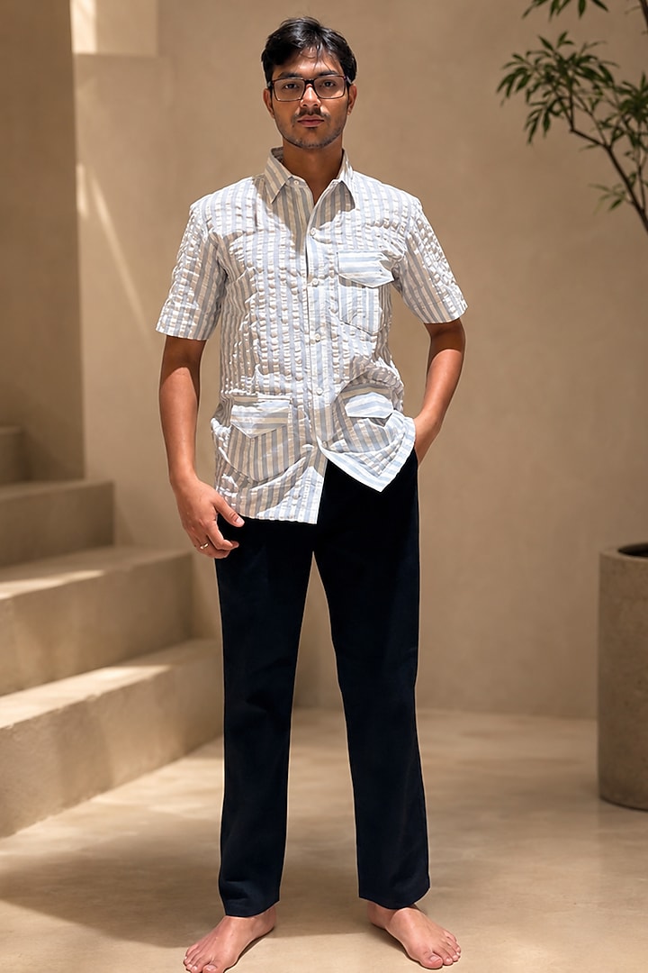 White & Blue Cotton Striped Party Wear Shirt by Pasqo Label at Pernia's Pop Up Shop