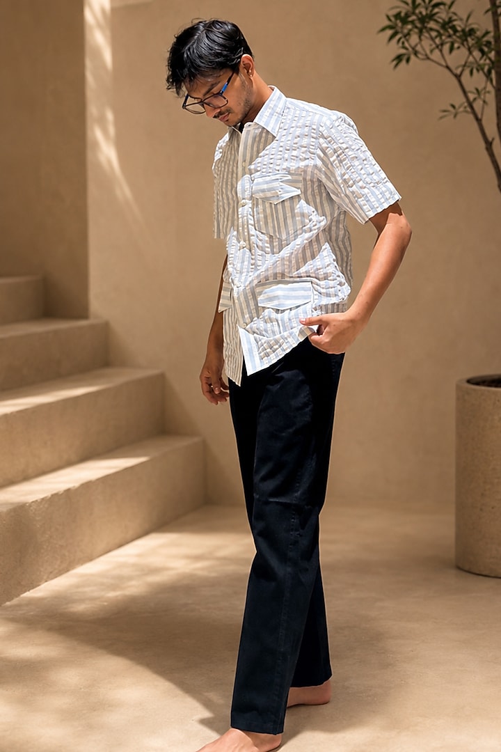 White & Blue Cotton Striped Party Wear Shirt by Pasqo Label at Pernia's Pop Up Shop