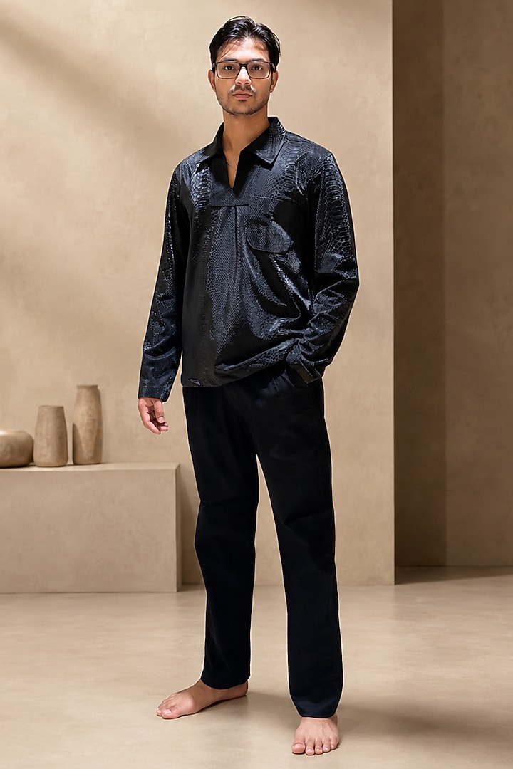 Black Faux Leather Party Wear Shirt by Pasqo Label at Pernia's Pop Up Shop