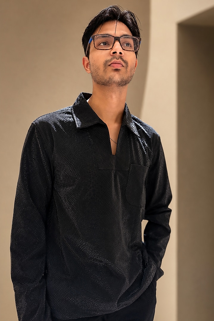 Black Faux Leather Party Wear Shirt by Pasqo Label at Pernia's Pop Up Shop