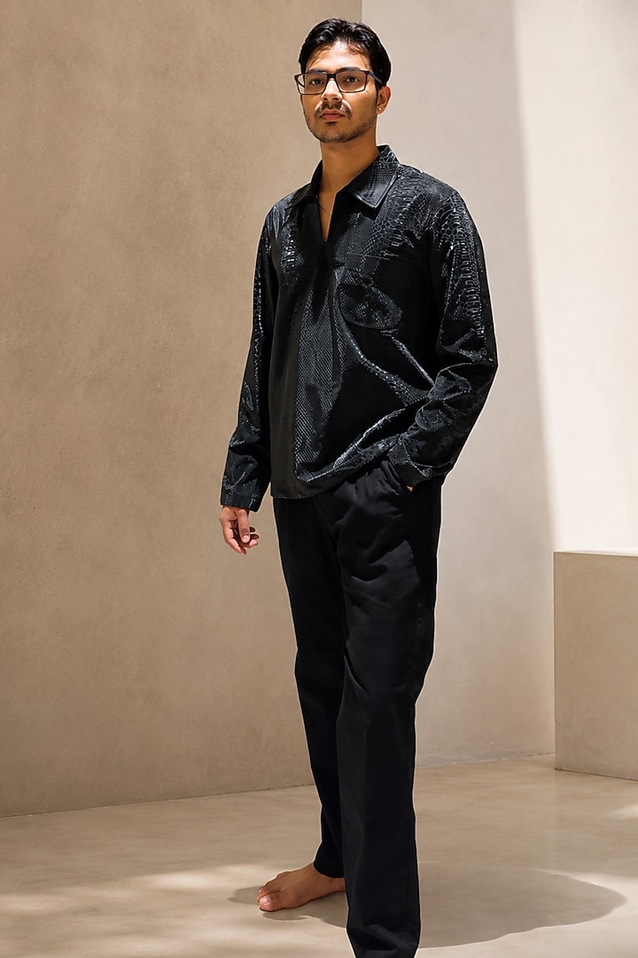 Black Faux Leather Party Wear Shirt by Pasqo Label at Pernia's Pop Up Shop