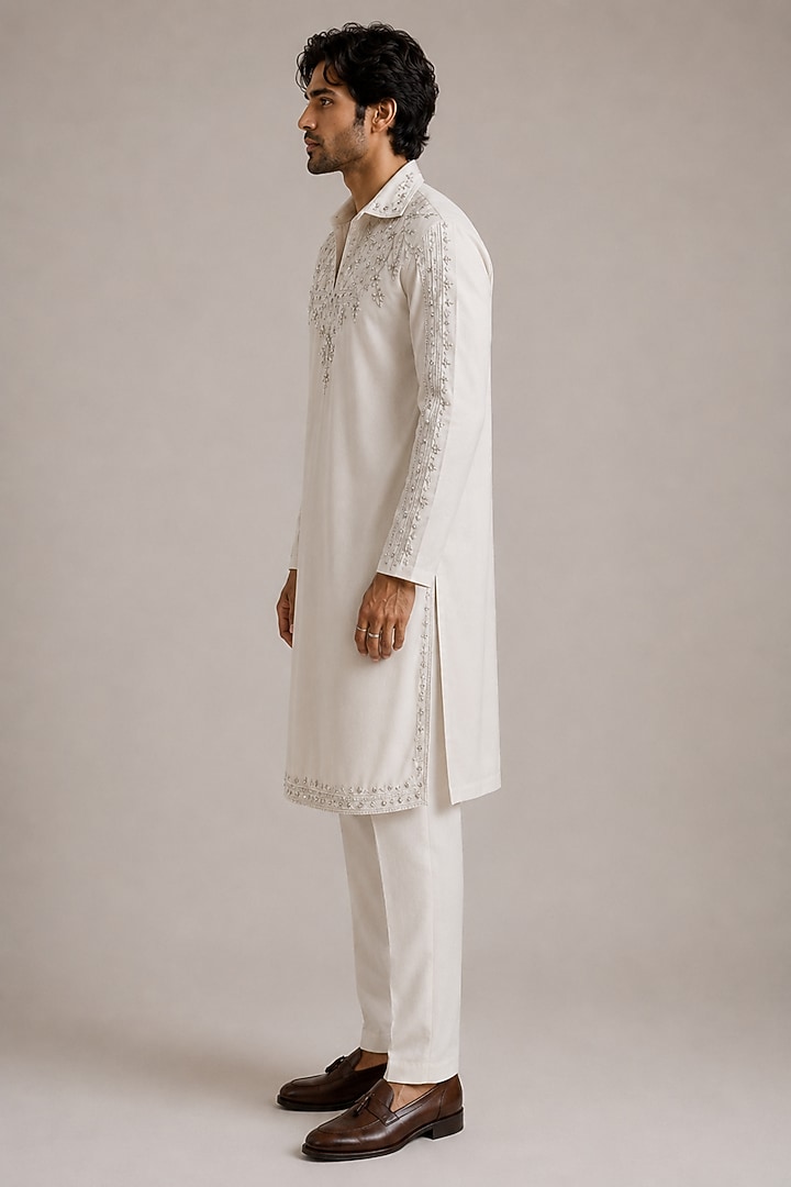 White Crepe Embroidered Kurta Set by Pasqo Label at Pernia's Pop Up Shop