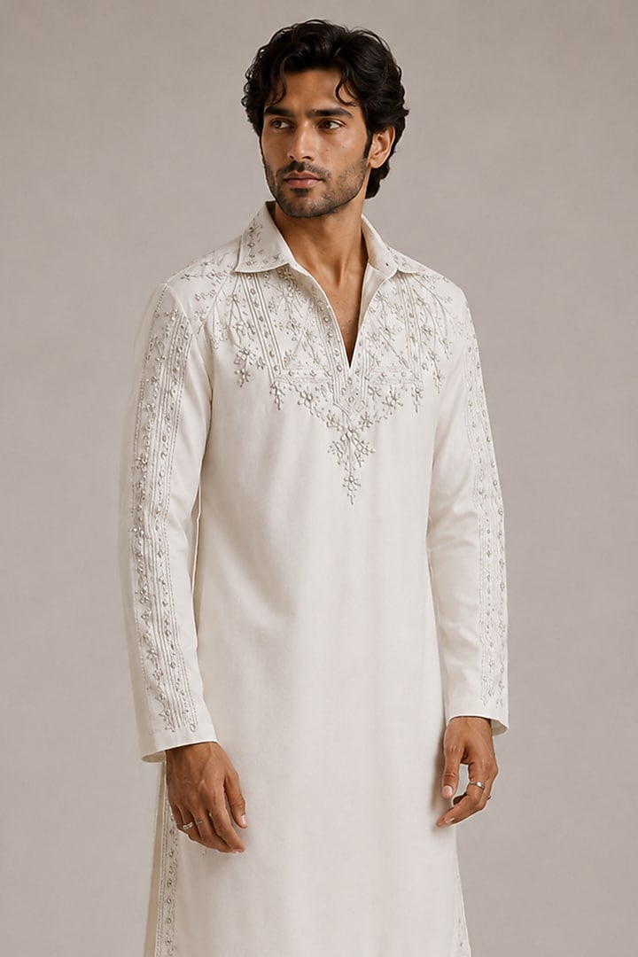 White Crepe Embroidered Kurta Set by Pasqo Label at Pernia's Pop Up Shop