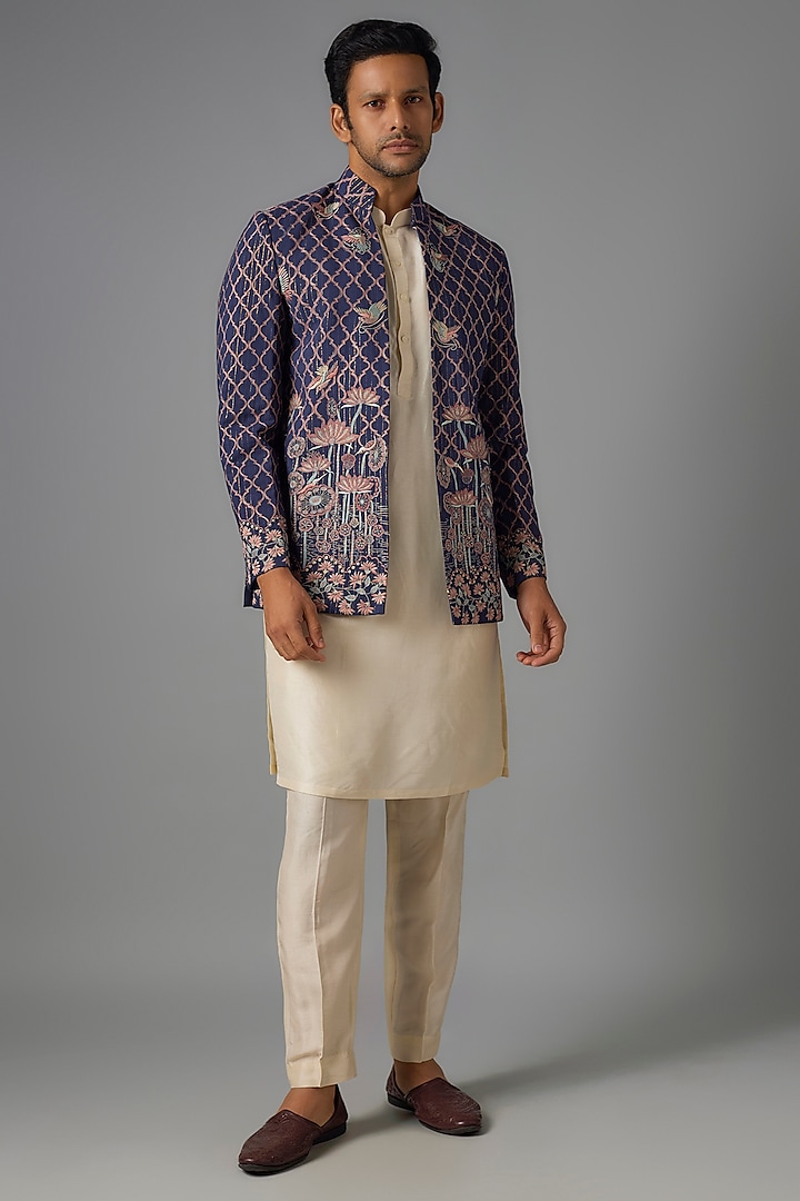 Navy Silk Thread Embroidered Jacket Set by Pasqo Label