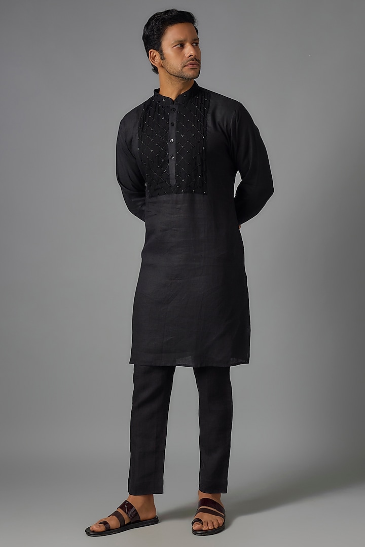 Black Linen Cutdana Hand Embroidered Kurta Set by Pasqo Label