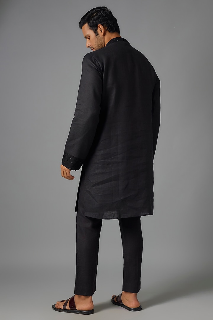 Black Linen Cutdana Hand Embroidered Kurta Set by Pasqo Label at Pernia's Pop Up Shop