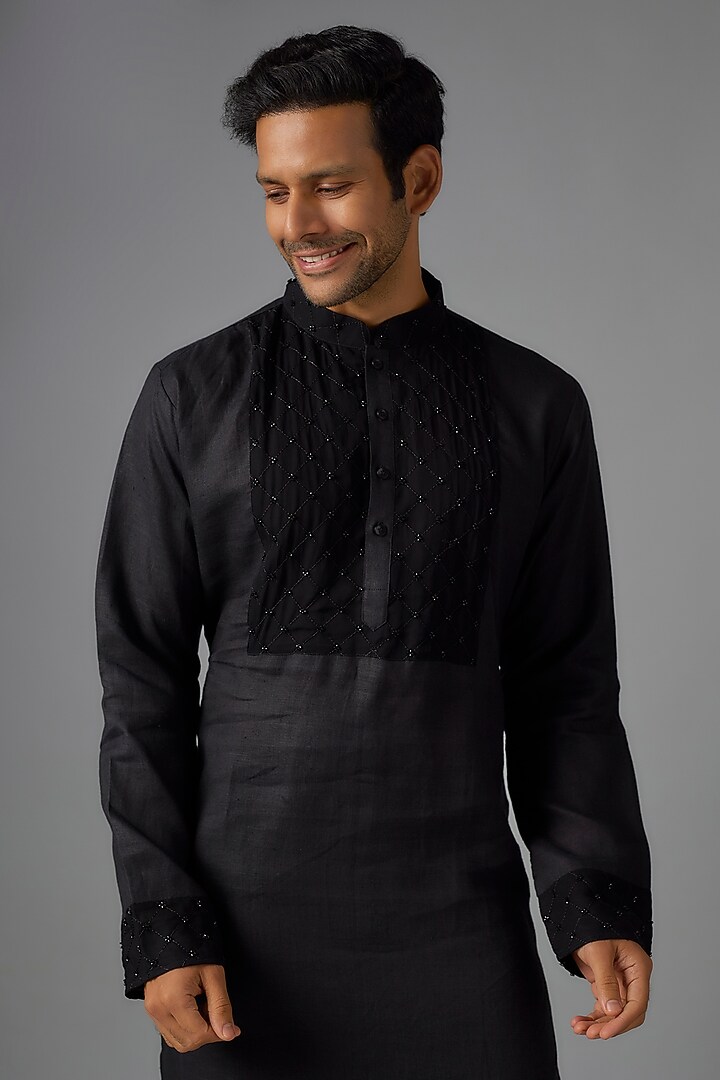 Black Linen Cutdana Hand Embroidered Kurta Set by Pasqo Label at Pernia's Pop Up Shop