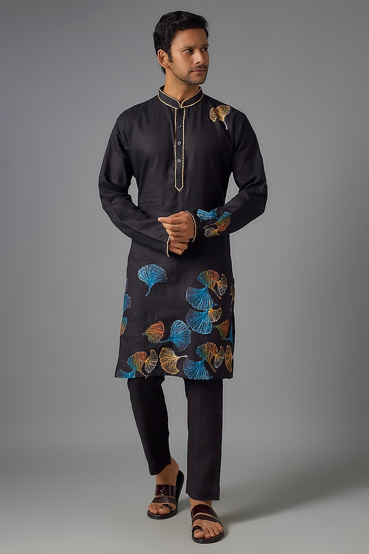 Black Linen Silk Thread Embroidered Kurta Set by Pasqo Label