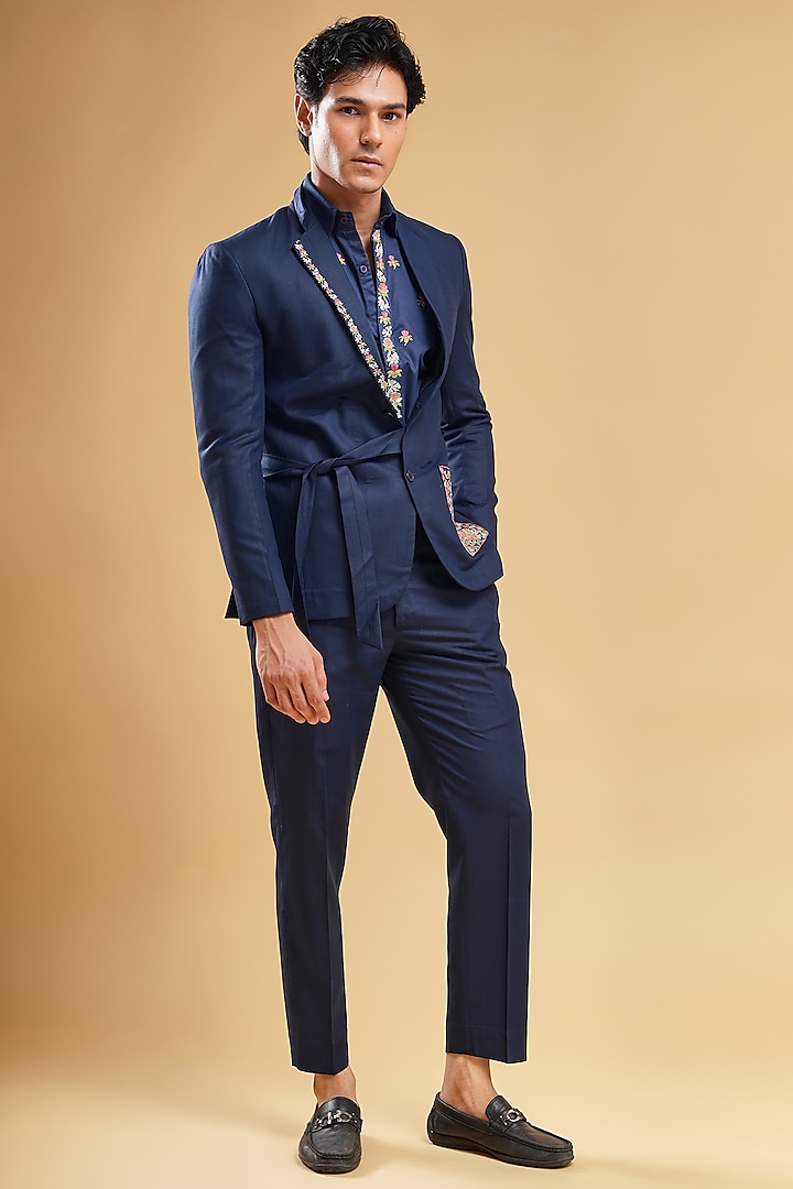 Navy Blue Suiting Hand Embroidered Blazer Set by Pasqo Label